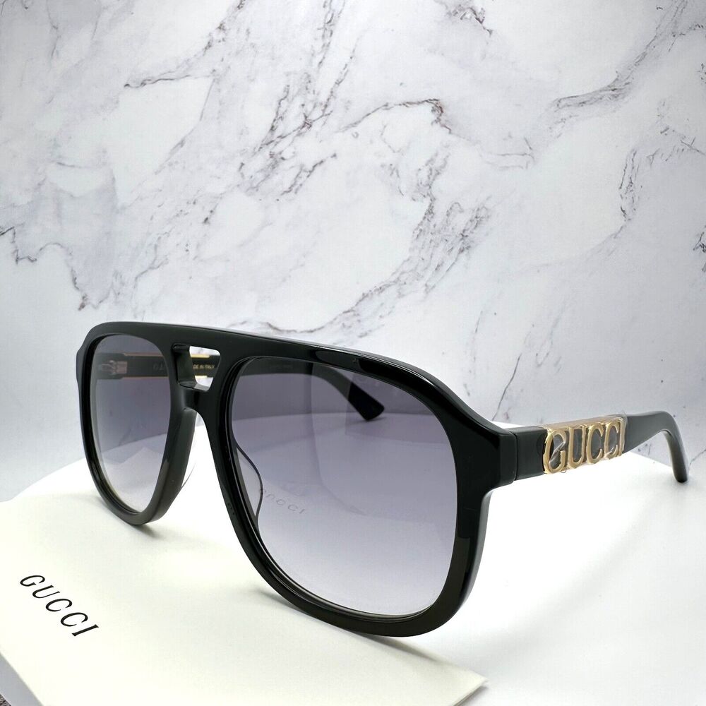 New GUCCI Sunglasses Black Acetate Pilot Aviator 58mm Navigator Gold Metal Logo - Picture 4 of 16